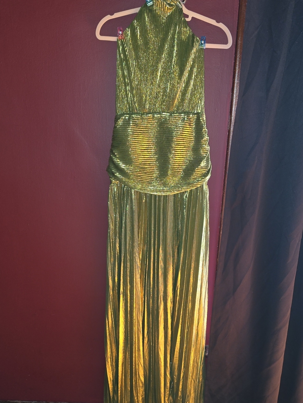 Women's Metallic Green Halter Evening Dress